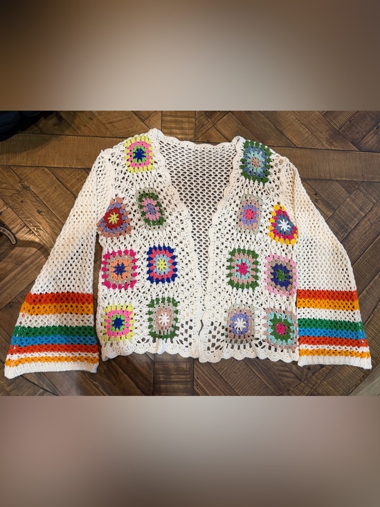 unbranded Sweaters - White Crochet Cardigan with Colorful Granny Square Accents